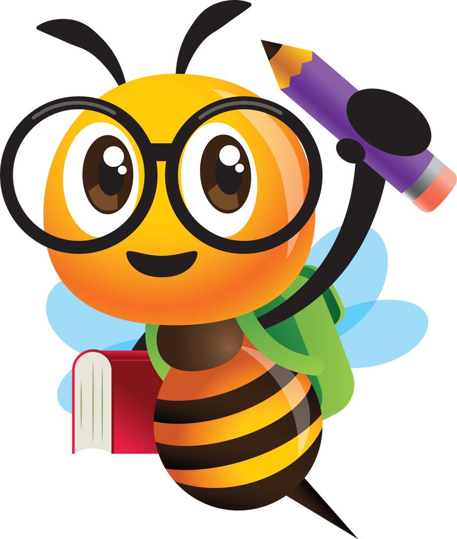 Cartoon cute bee holding pencil and book illustration